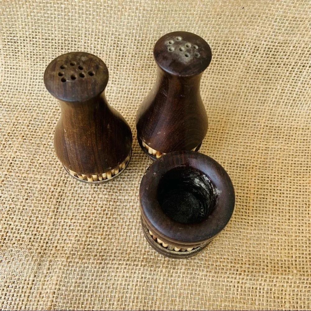 Vintage Mid Century Modern European Salt Pepper Shakers Toothpick Holder Teak